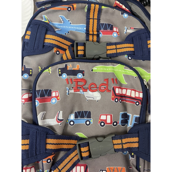 Pottery Barn Kids Backpack Airplane Bus Truck Print Gray Blue 13x14x6 Preschool - Picture 6 of 11